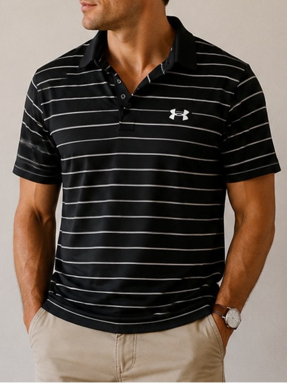 Under Armour Black Polo with Thin White Stripes